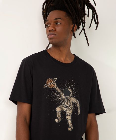 camiseta de algodão astronauta manga curta preta