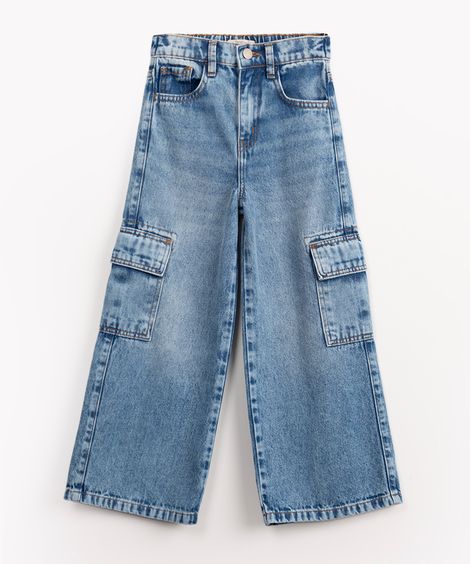 calça jeans wide leg cargo infantil com bolsos azul médio