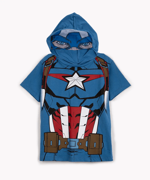 Camiseta Infantil de Algodão Capitão América Manga Curta + Máscara Azul
