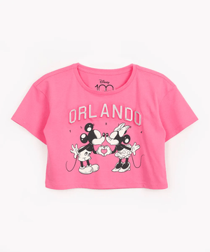 cropped de algodão juvenil minnie e mickey com textura manga curta rosa claro