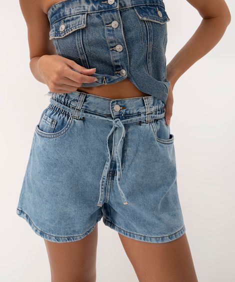 short jeans clochard cintura super alta  azul médio
