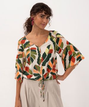 blusa de malha folhas com botões e cordão manga ampla off white