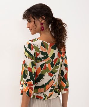 blusa de malha folhas com botões e cordão manga ampla off white