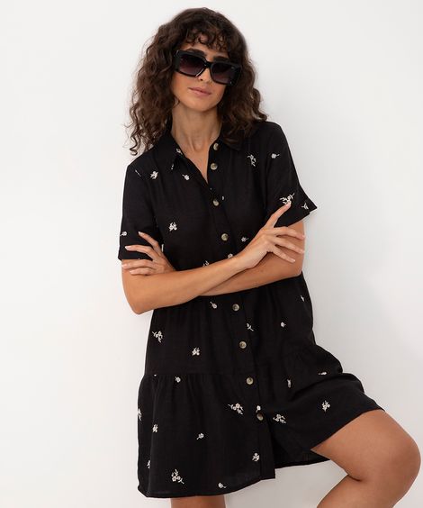 vestido curto feminino chemise bordado floral preto
