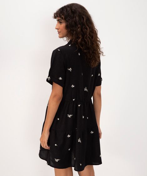vestido curto feminino chemise bordado floral preto