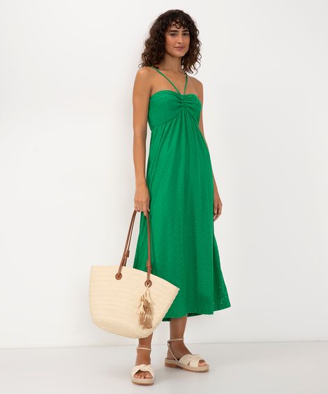 vestido midi de laise alça fina verde