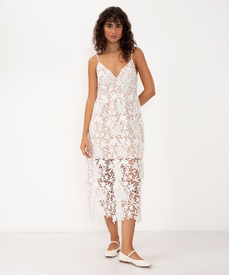 vestido midi rendado decote v alça fina off white