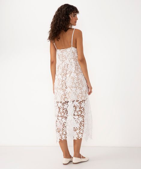 vestido midi rendado decote v alça fina off white