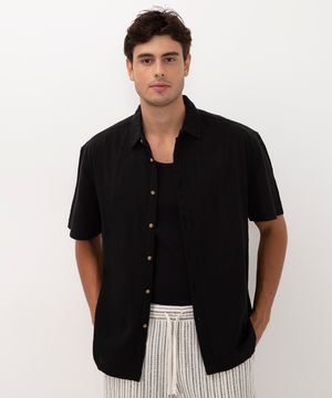 camisa de algodão texturizada manga curta preta