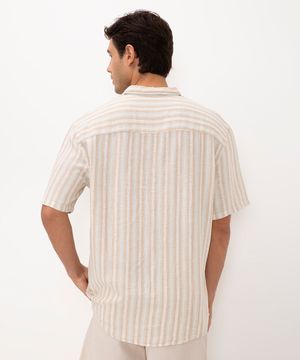 camisa de linho listrada com bolso manga curta bege
