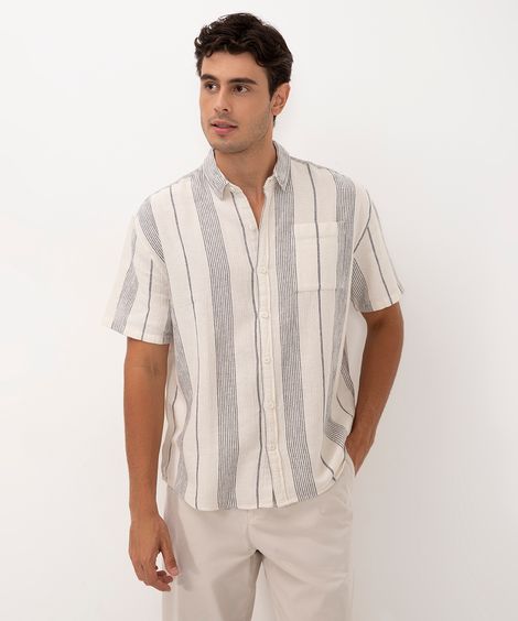 camisa de algodão listrada com bolso manga curta off white