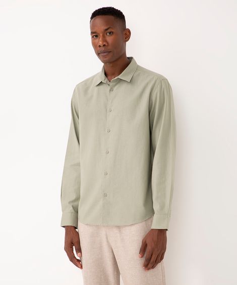 camisa de linho e algodão manga longa verde médio - verde médio