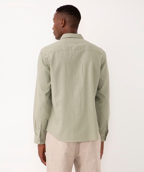 camisa de linho e algodão manga longa verde médio - verde médio