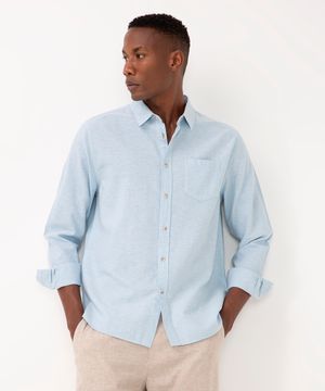 camisa de linho e algodão comfort manga longa azul claro