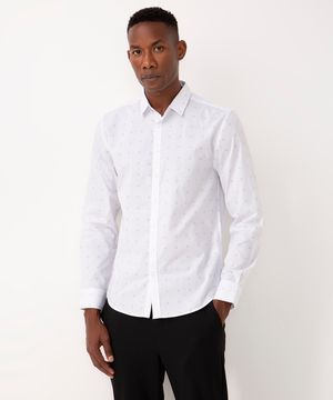 camisa slim de algodão estampada manga longa branco