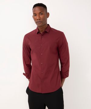 camisa slim de algodão manga longa vinho