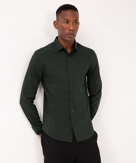 camisa slim fit de algodão manga longa verde