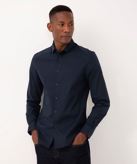 camisa slim fit de algodão manga longa azul