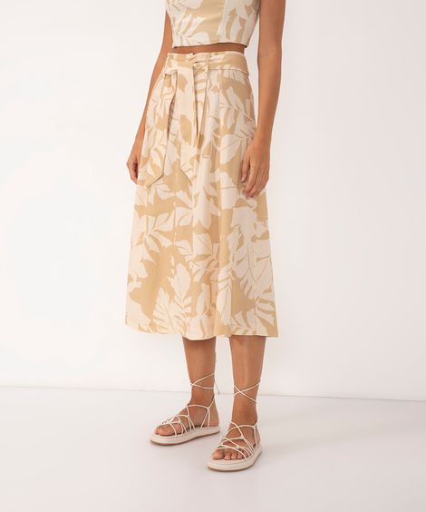 saia midi floral com linho cintura alta com faixa areia
