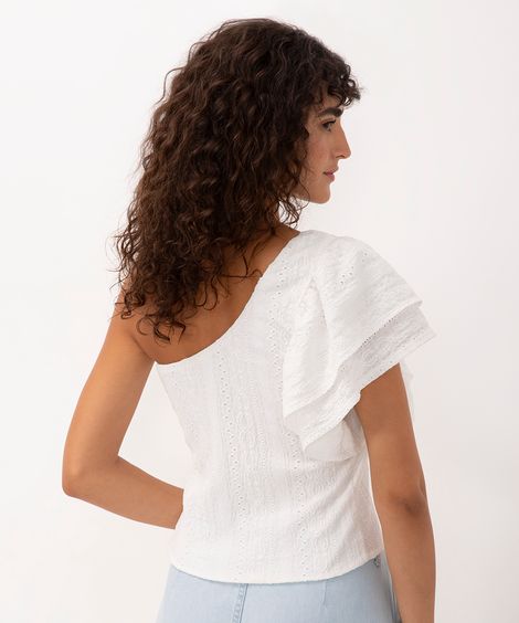 blusa de laise ombro único com babado off white