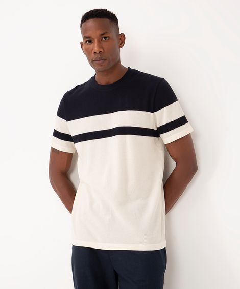 camiseta comfort texturizada listrada manga curta - azul marinho