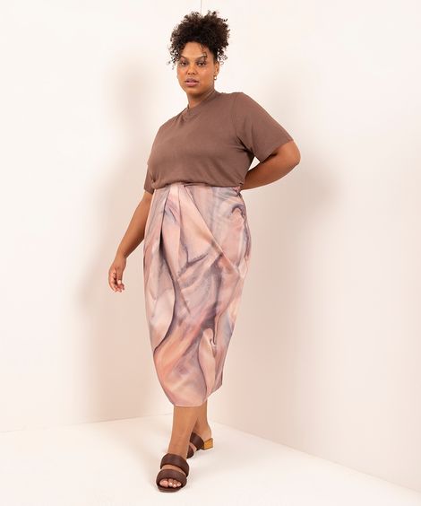 saia midi acetinada drapeada plus size mindset gabriella garcia colorido