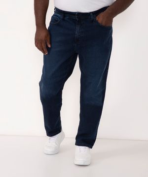 calça jeans reta plus size com bolsos azul escuro