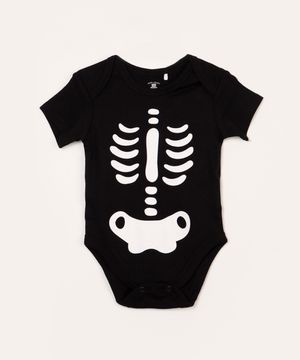 body de algodão infantil halloween esqueleto manga curta preto