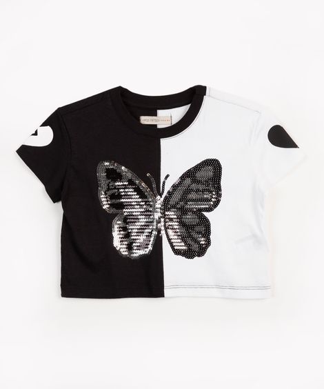 blusa cropped juvenil bicolor manga curta borboleta multicor