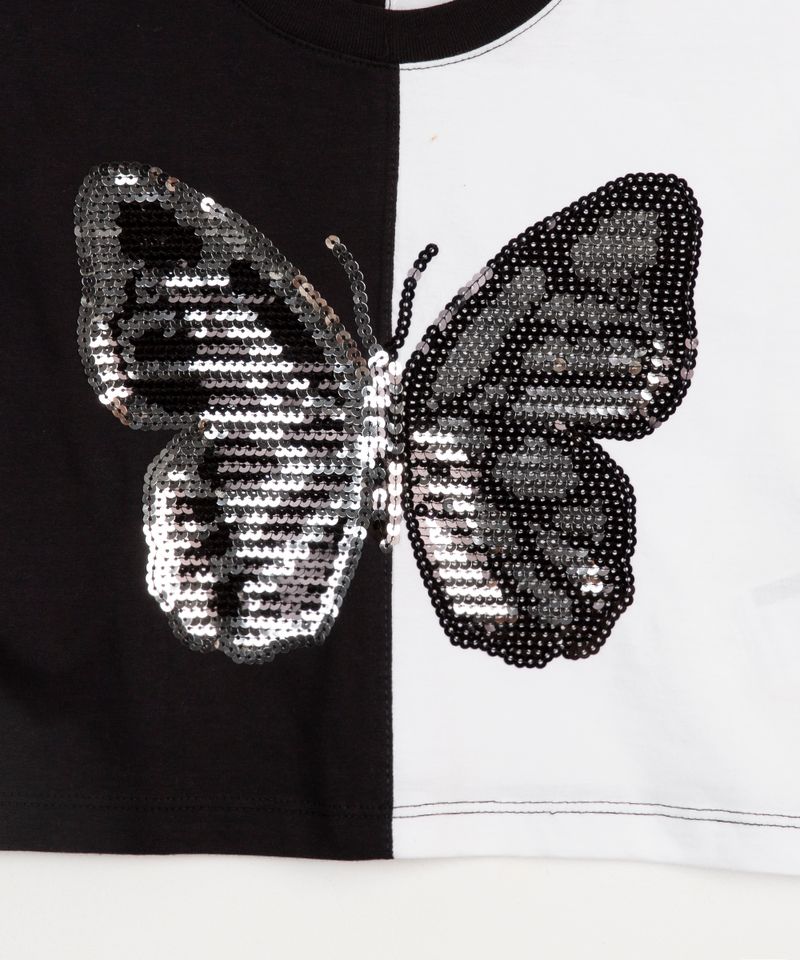 C&A blusa cropped juvenil bicolor manga curta borboleta multicor