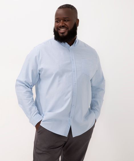 camisa de algodão plus size comfort manga longa branca - azul claro