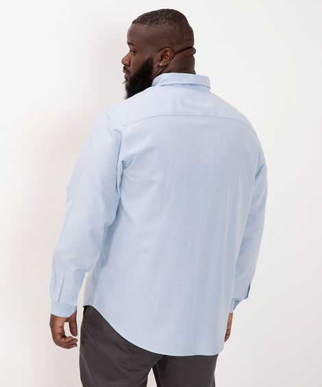 camisa de algodão plus size comfort manga longa branca - azul claro