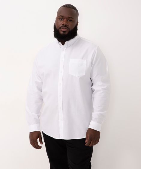 camisa de algodão plus size comfort manga longa branca - branco