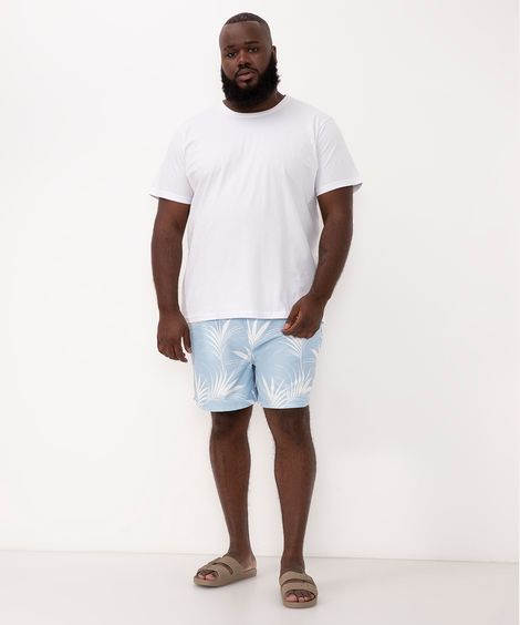 short plus size folhagens com bolso e cordão azul claro