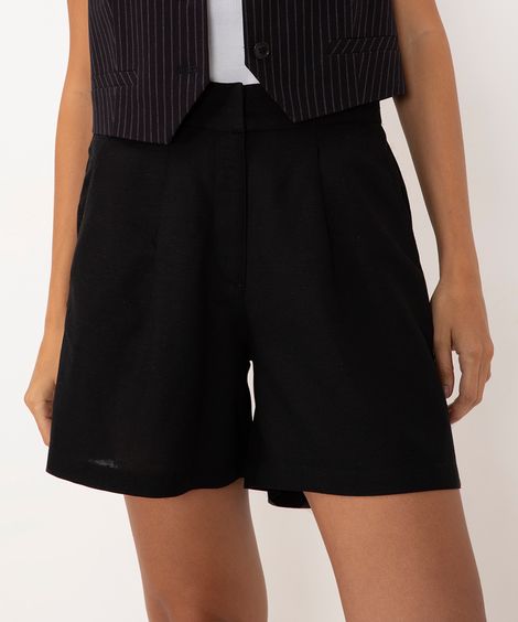 short alfaiataria com linho cintura alta preto