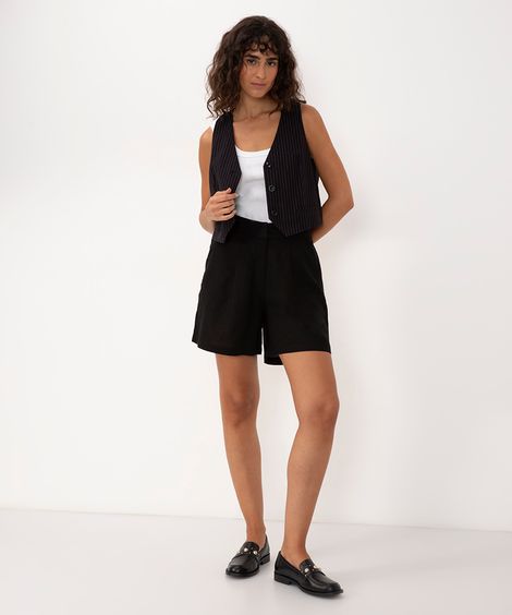 short alfaiataria com linho cintura alta preto