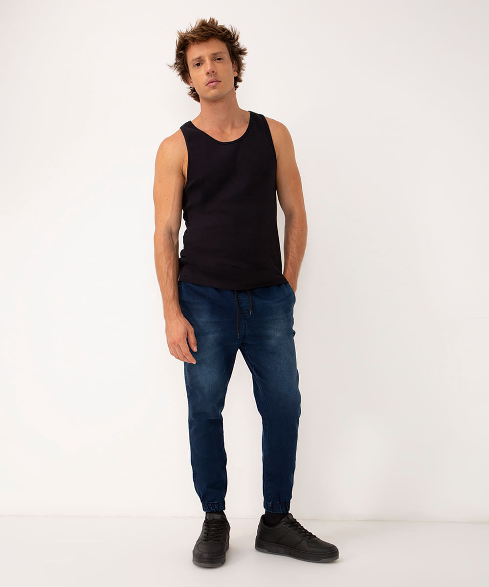 calça jeans jogger slim com bolsos azul escuro - C&A