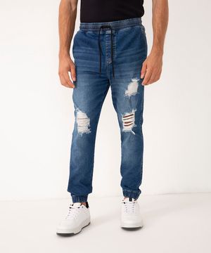 calça jogger skinny jeans destroyed com cordão azul médio