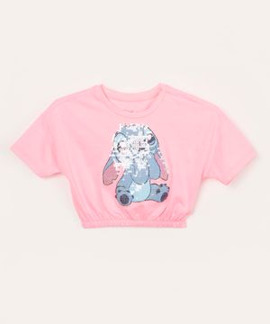 blusa de algodão infantil disney stitch com paetê manga curta rosa neon
