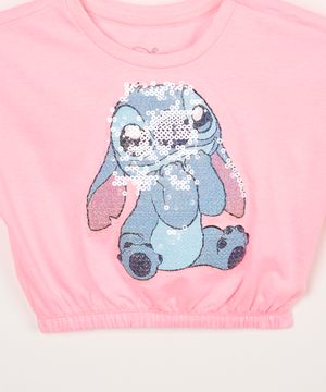 blusa de algodão infantil disney stitch com paetê manga curta rosa