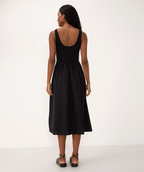 vestido midi evasê de algodão preto