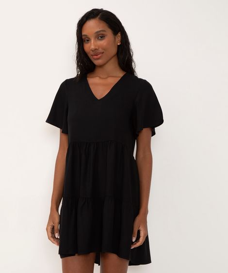vestido curto de viscose manga curta babado preto