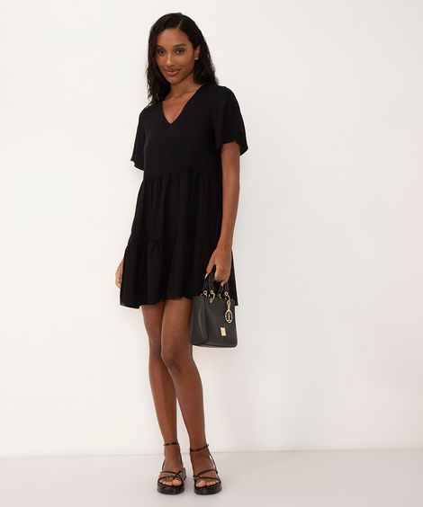 vestido curto de viscose manga curta babado preto