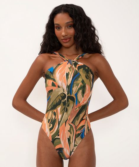 maiô halter neck transpasse estampado com bojo e proteção uv azul cobalto