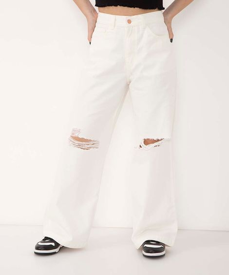 calça juvenil de sarja wide leg destroyed off white