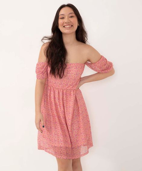 vestido juvenil midi de tule floral manga bufante rosa