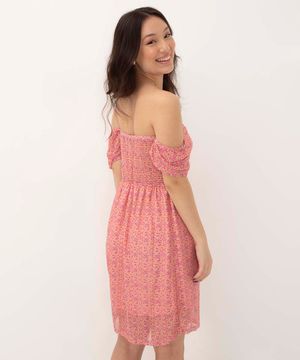 vestido juvenil midi de tule floral manga bufante rosa