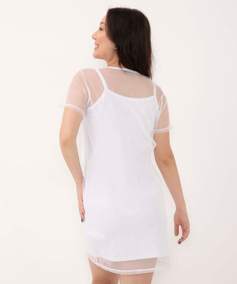 vestido juvenil de tule manga curta com glitter off white - C&A