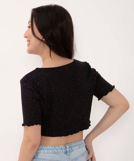 blusa cropped juvenil de malha com glitter manga curta preta