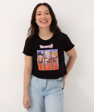 blusa cropped juvenil de algodão manga curta estampada dragon ball super preta